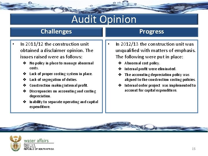 Audit Opinion Challenges • In 2011/12 the construction unit obtained a disclaimer opinion. The