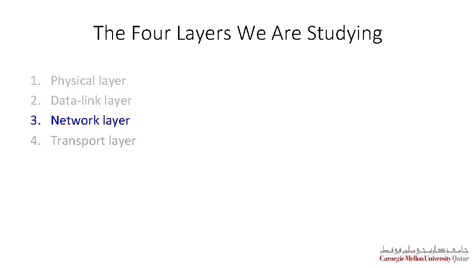 The Four Layers We Are Studying 1. 2. 3. 4. Physical layer Data-link layer
