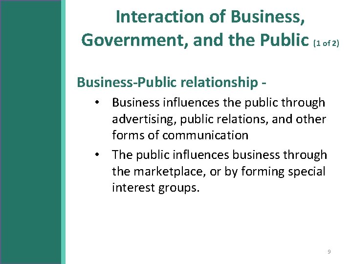 Interaction of Business, Government, and the Public (1 of 2) Business-Public relationship • Business