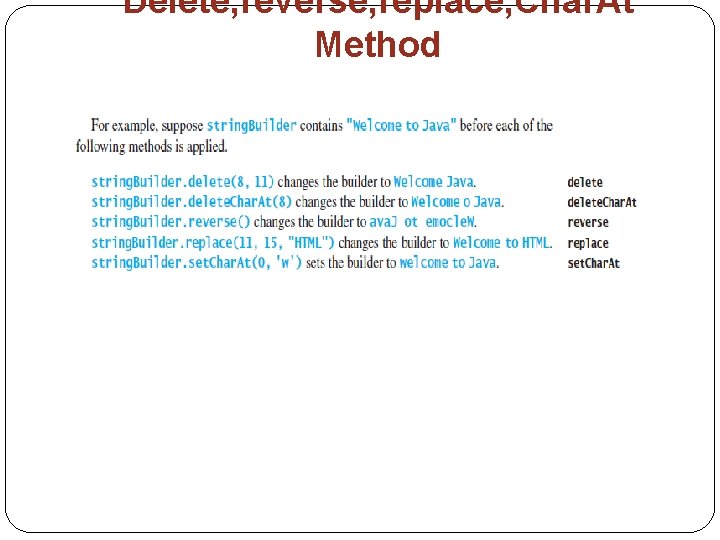 Delete, reverse, replace, Char. At Method 