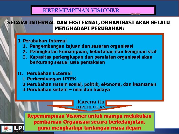 KEPEMIMPINAN VISIONER 12/15/2021 SECARA INTERNAL DAN EKSTERNAL, ORGANISASI AKAN SELALU MENGHADAPI PERUBAHAN: I. Perubahan