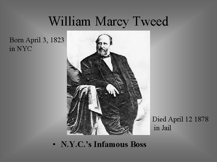 William Marcy Tweed Born April 3, 1823 in NYC Died April 12 1878 in