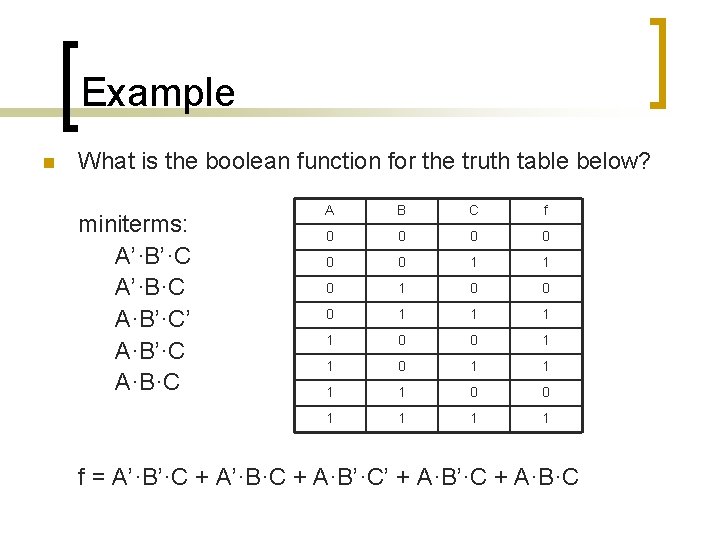 Example n What is the boolean function for the truth table below? miniterms: A’·B’·C Example n What is the boolean function for the truth table below? miniterms: A’·B’·C