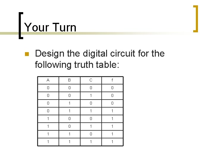 Your Turn n Design the digital circuit for the following truth table: A B Your Turn n Design the digital circuit for the following truth table: A B