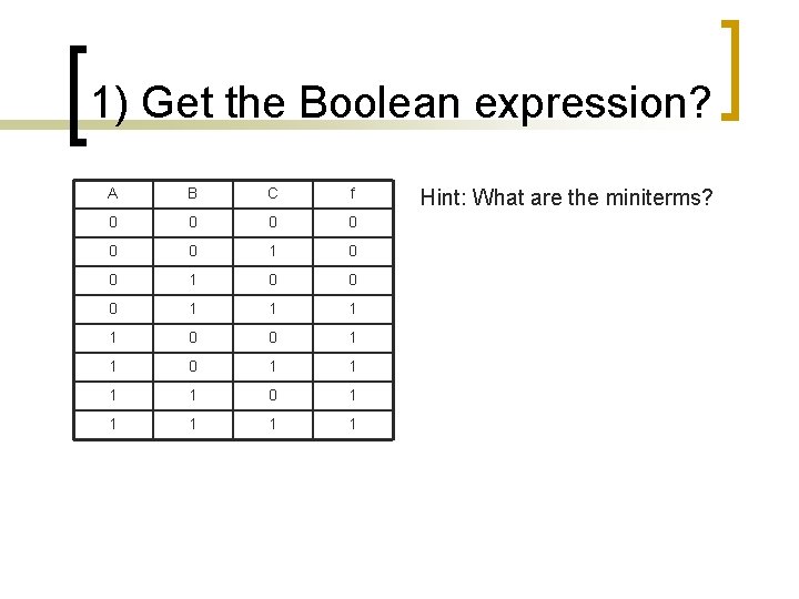 1) Get the Boolean expression? A B C f 0 0 0 1 1 1) Get the Boolean expression? A B C f 0 0 0 1 1