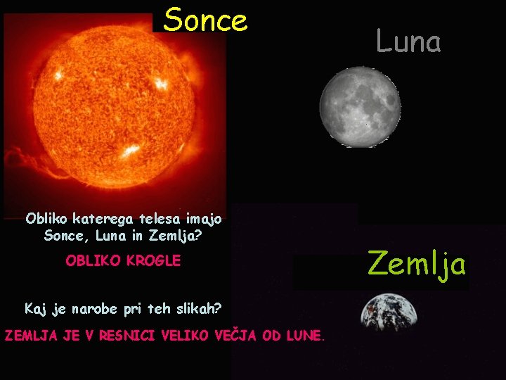 Sonce Obliko katerega telesa imajo Sonce, Luna in Zemlja? OBLIKO KROGLE Kaj je narobe