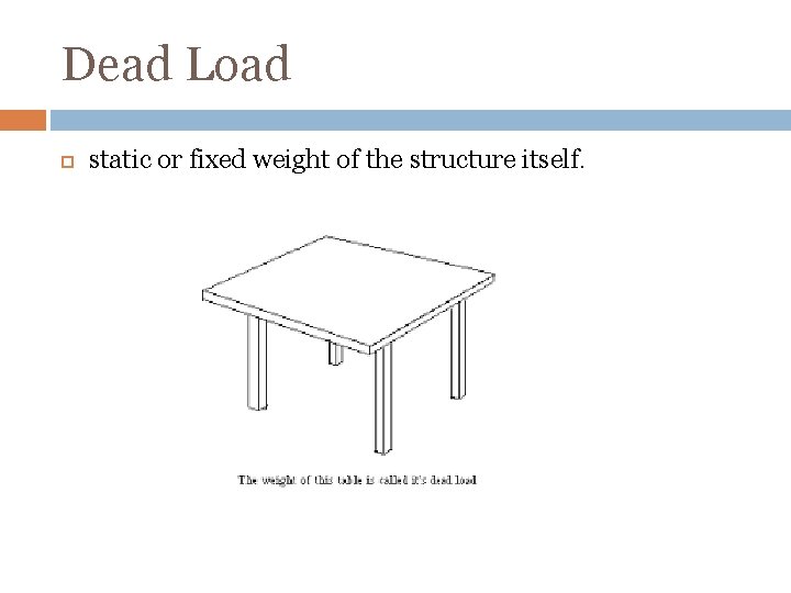 Dead Load static or fixed weight of the structure itself. 