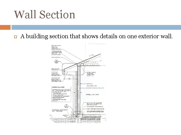 Wall Section A building section that shows details on one exterior wall. 