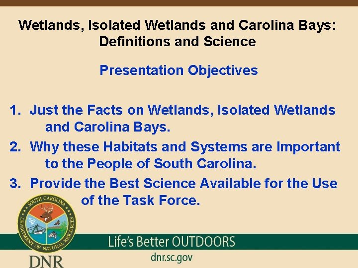 Wetlands, Isolated Wetlands and Carolina Bays: Definitions and Science Presentation Objectives 1. Just the