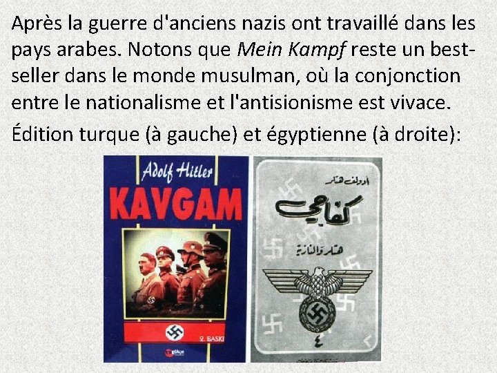 Après la guerre d'anciens nazis ont travaillé dans les pays arabes. Notons que Mein