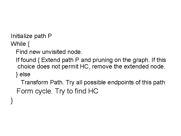 Initialize path P While { Find new unvisited node. If found { Extend path