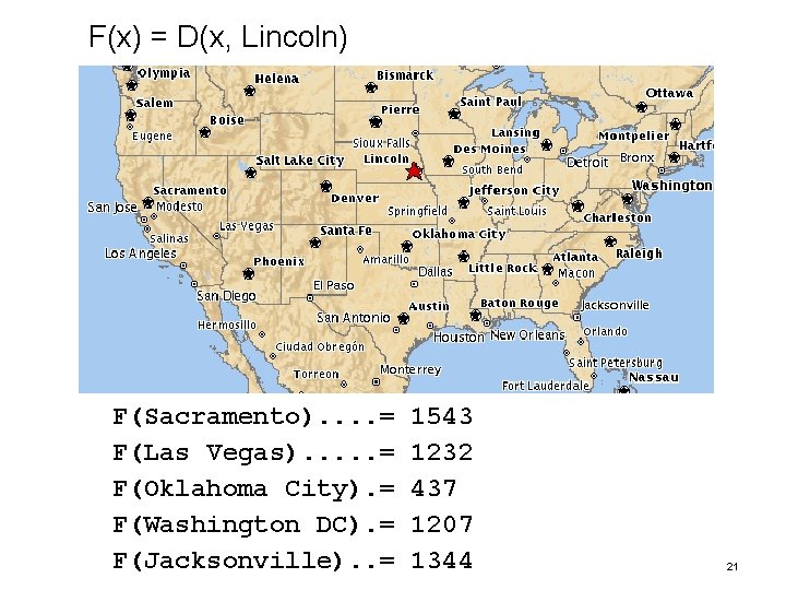 F(x) = D(x, Lincoln) F(Sacramento). . = F(Las Vegas). . . = F(Oklahoma City).