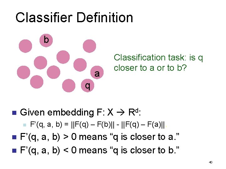 Classifier Definition b a Classification task: is q closer to a or to b?