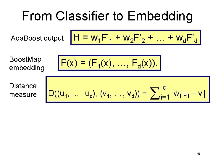 From Classifier to Embedding Ada. Boost output Boost. Map embedding Distance measure H =