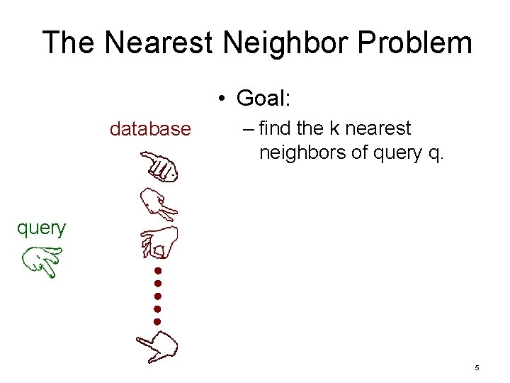 The Nearest Neighbor Problem • Goal: database – find the k nearest neighbors of