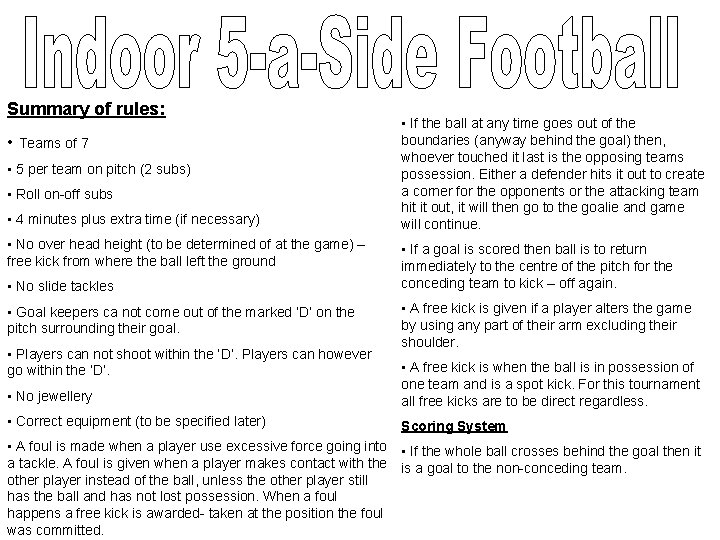 Summary of rules: • Teams of 7 • 5 per team on pitch (2