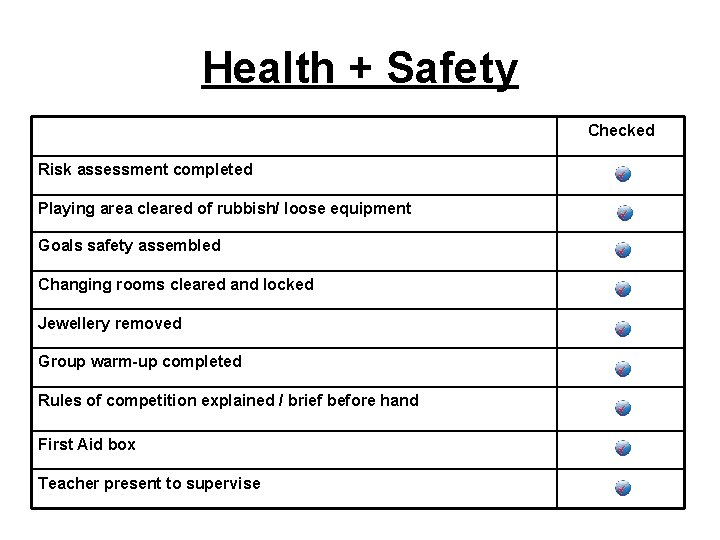 Health + Safety Checked Risk assessment completed Playing area cleared of rubbish/ loose equipment