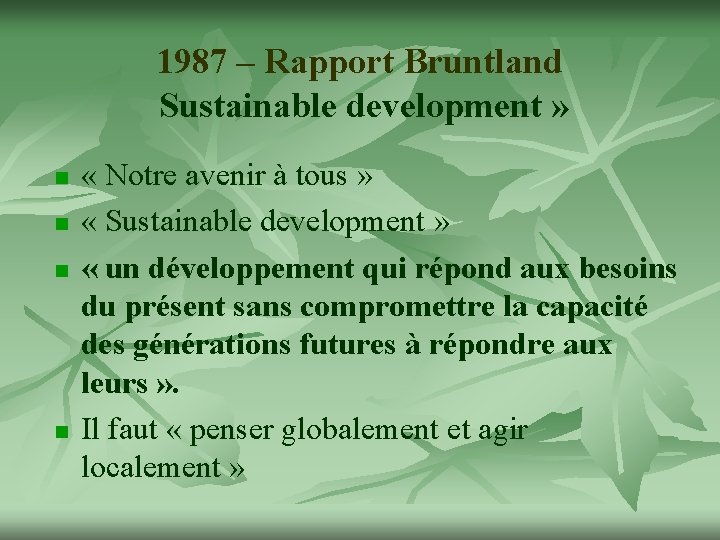 1987 – Rapport Bruntland Sustainable development » n n « Notre avenir à tous