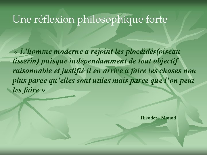 Une réflexion philosophique forte « L'homme moderne a rejoint les plocéidés(oiseau tisserin) puisque indépendamment