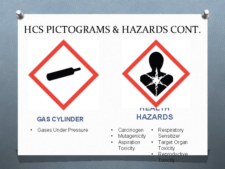 HCS PICTOGRAMS & HAZARDS CONT. HEALTH HAZARDS GAS CYLINDER • Gases Under Pressure •