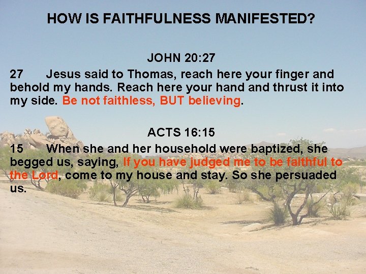 HOW IS FAITHFULNESS MANIFESTED? JOHN 20: 27 27 Jesus said to Thomas, reach here