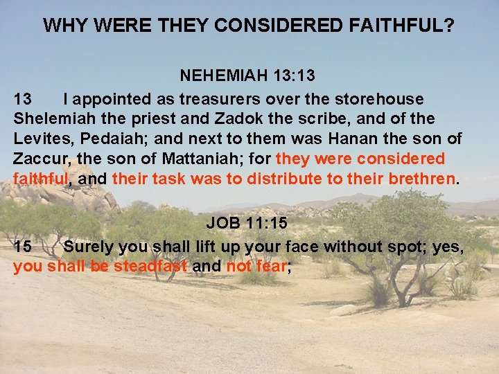 WHY WERE THEY CONSIDERED FAITHFUL? NEHEMIAH 13: 13 13 I appointed as treasurers over
