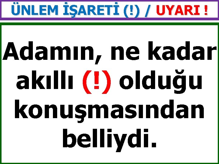 ÜNLEM İŞARETİ (!) / UYARI ! Adamın, ne kadar akıllı (!) olduğu konuşmasından belliydi.