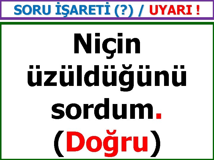 SORU İŞARETİ (? ) / UYARI ! Niçin üzüldüğünü sordum. (Doğru) 