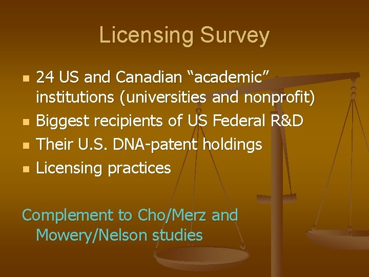 Licensing Survey n n 24 US and Canadian “academic” institutions (universities and nonprofit) Biggest