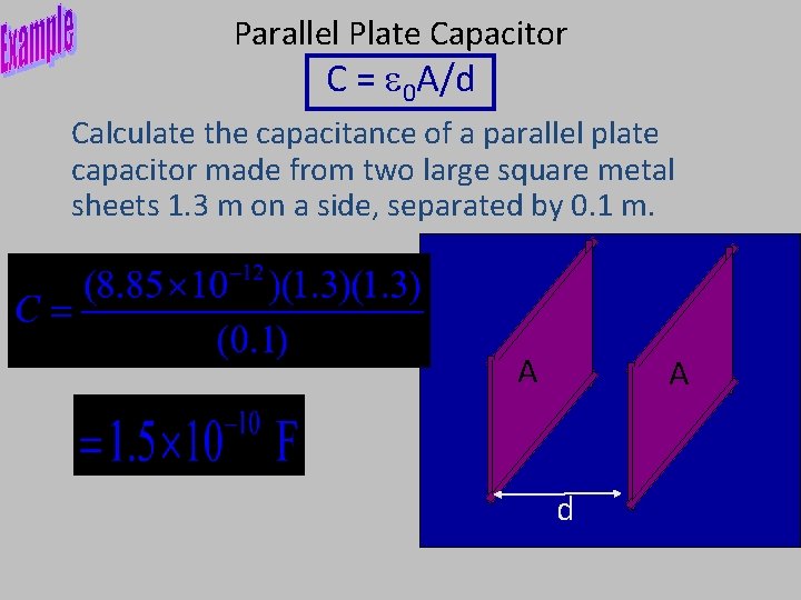 Parallel Plate Capacitor C = 0 A/d Calculate the capacitance of a parallel plate