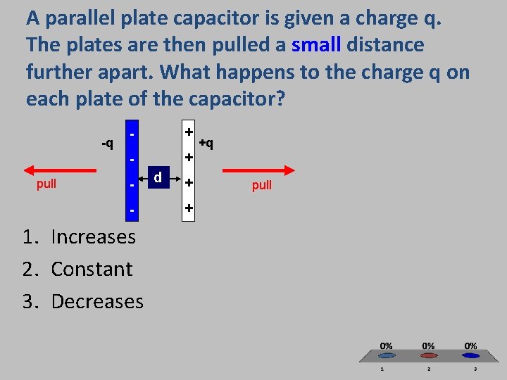 A parallel plate capacitor is given a charge q. The plates are then pulled