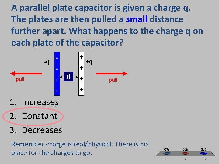 A parallel plate capacitor is given a charge q. The plates are then pulled