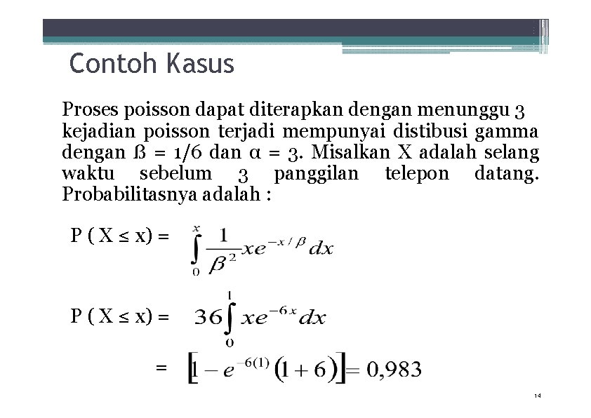 Contoh Kasus Proses poisson dapat diterapkan dengan menunggu 3 kejadian poisson terjadi mempunyai distibusi