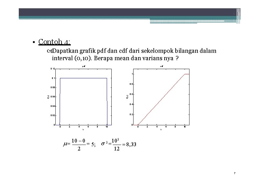  • Contoh 4: Dapatkan grafik pdf dan cdf dari sekelompok bilangan dalam interval