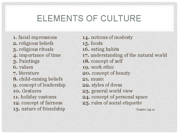 ELEMENTS OF CULTURE 1. facial expressions 2. religious beliefs 3. religious rituals 4. importance