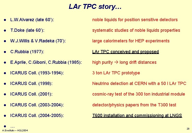 LAr TPC story… l L. W. Alvarez (late 60’): noble liquids for position sensitive