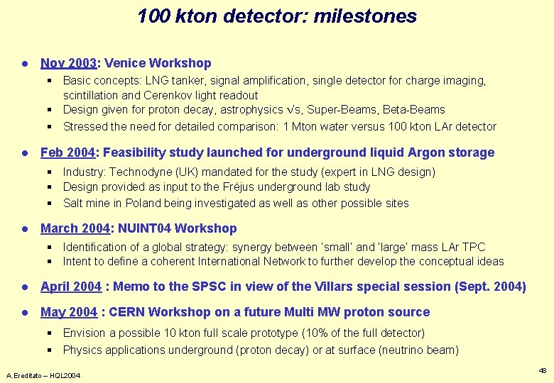 100 kton detector: milestones l Nov 2003: Venice Workshop § Basic concepts: LNG tanker,