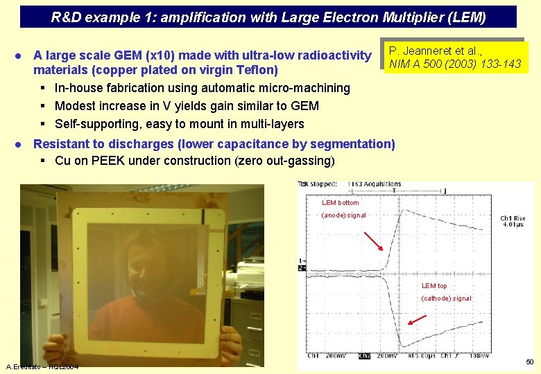 R&D example 1: amplification with Large Electron Multiplier (LEM) P. Jeanneret et al. ,