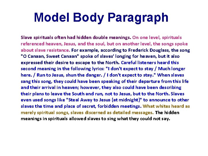 Model Body Paragraph Slave spirituals often had hidden double meanings. On one level, spirituals