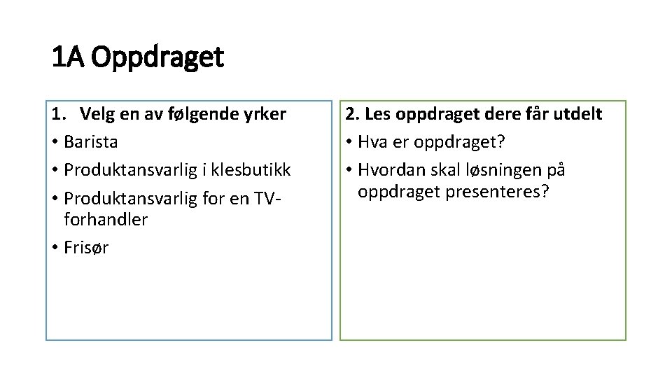 1 A Oppdraget 1. Velg en av følgende yrker • Barista • Produktansvarlig i