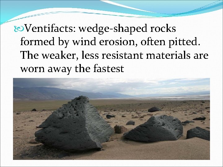  Ventifacts: wedge-shaped rocks formed by wind erosion, often pitted. The weaker, less resistant