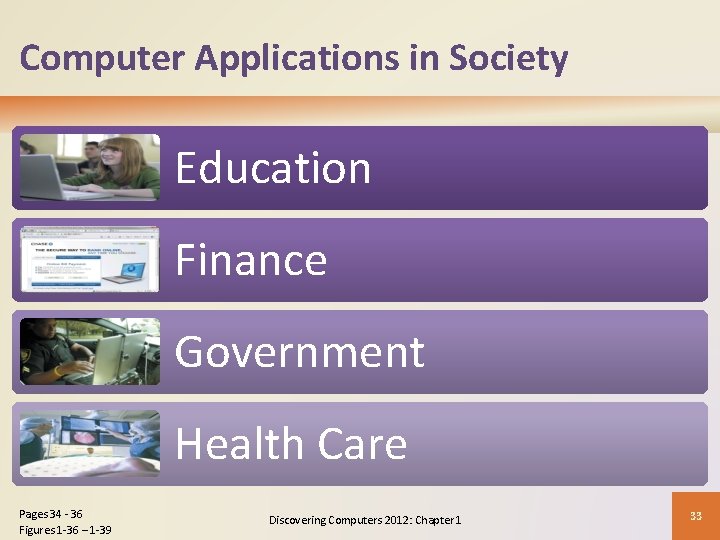 Computer Applications in Society Education Finance Government Health Care Pages 34 - 36 Figures