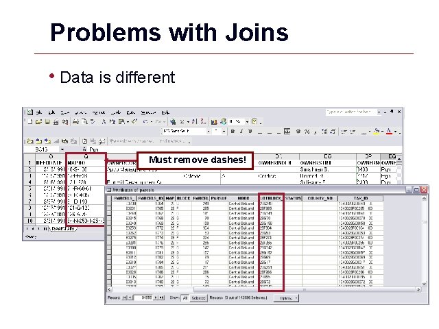 Problems with Joins • Data is different Must remove dashes! GIS 25 Problems with Joins • Data is different Must remove dashes! GIS 25