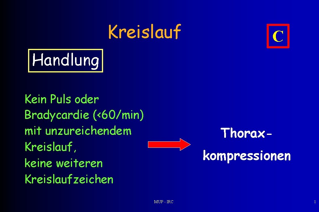 Kreislauf C Handlung Kein Puls oder Bradycardie (<60/min) mit unzureichendem Kreislauf, keine weiteren Kreislaufzeichen