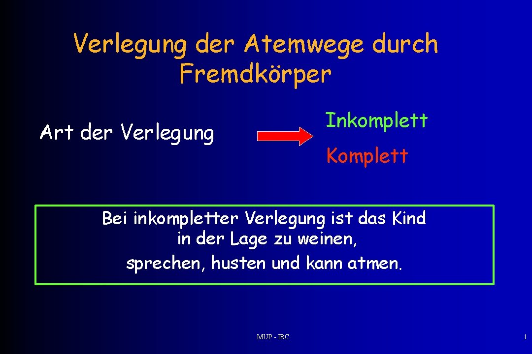 Verlegung der Atemwege durch Fremdkörper Inkomplett Art der Verlegung Komplett Bei inkompletter Verlegung ist