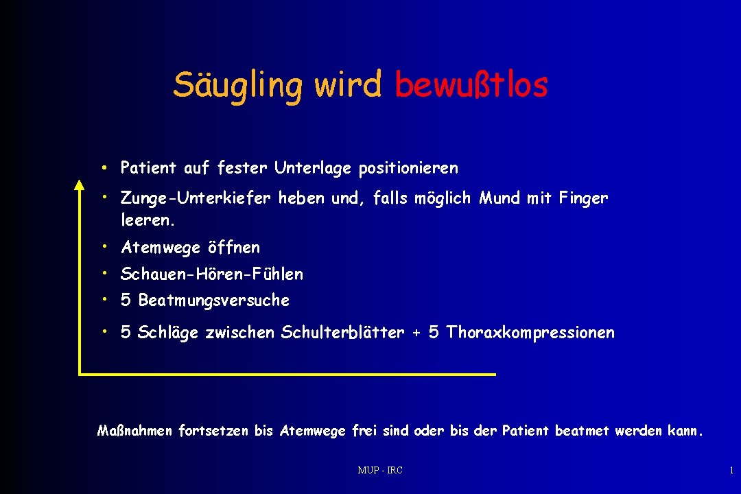 Säugling wird bewußtlos • Patient auf fester Unterlage positionieren • Zunge-Unterkiefer heben und, falls