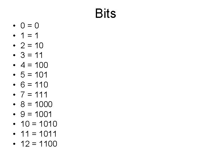 Bits • • • • 0=0 1=1 2 = 10 3 = 11 4