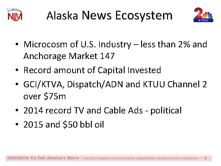 Alaska News Ecosystem • Microcosm of U. S. Industry – less than 2% and