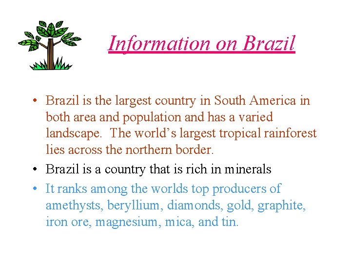 Information on Brazil • Brazil is the largest country in South America in both