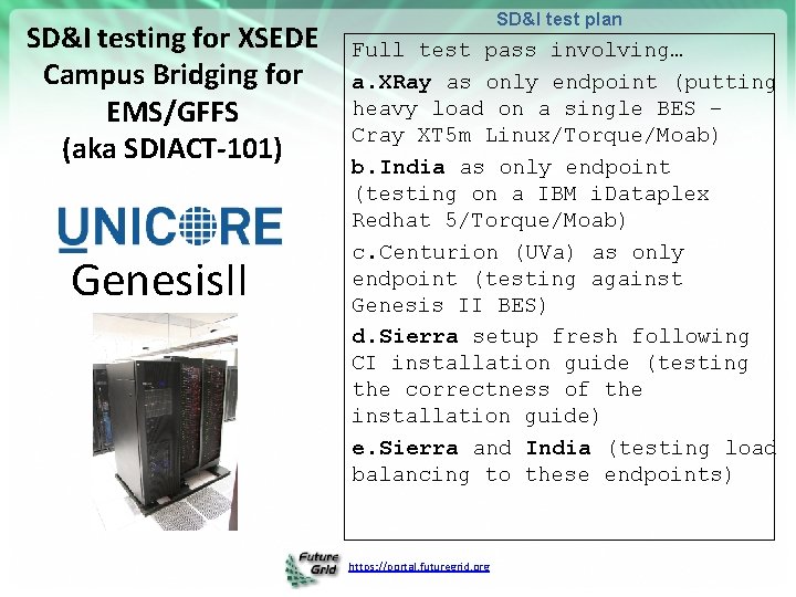 SD&I testing for XSEDE Campus Bridging for EMS/GFFS (aka SDIACT-101) Genesis. II SD&I test